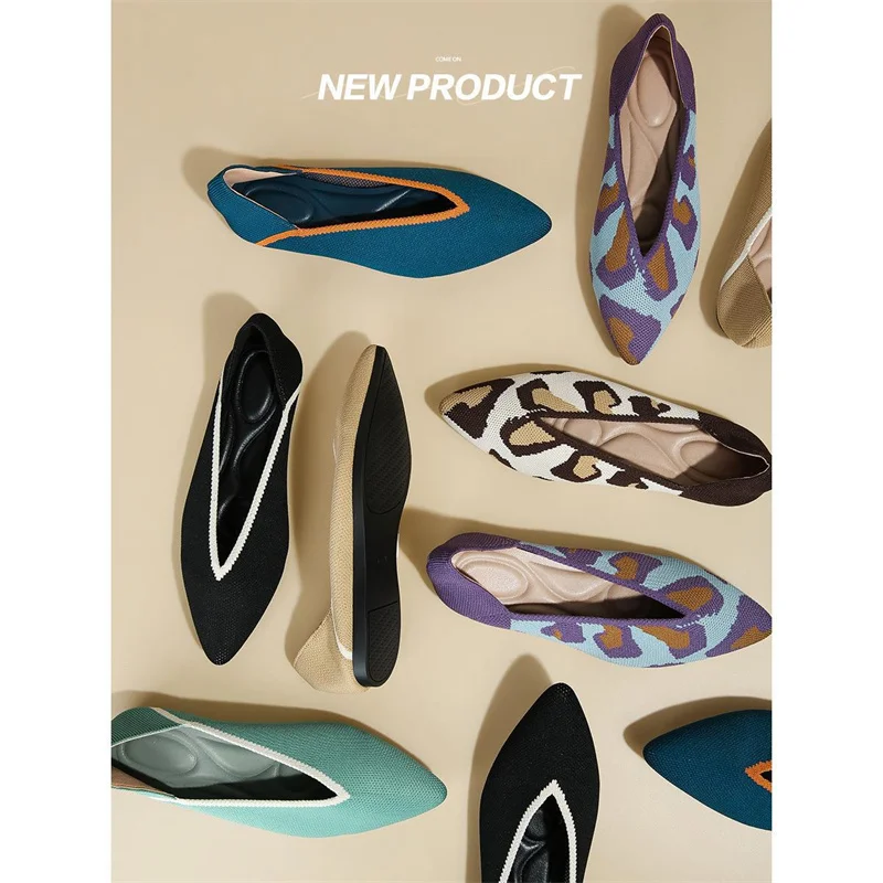 Flat Shoes Women\'s Spring Summer Knitting Fly Line  Shoes Pointed Tie Soft Bottom Breathable Non-slip Single Shoes