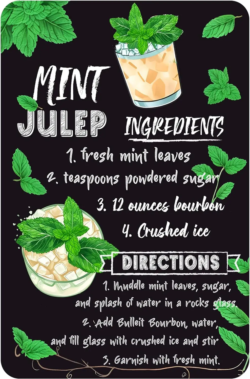 Vintage Mint Julep Cocktail Recipe Wall Art Decoration Tin Metal Signs For Kitchen Home Bar Man Cave 12x8 Inches