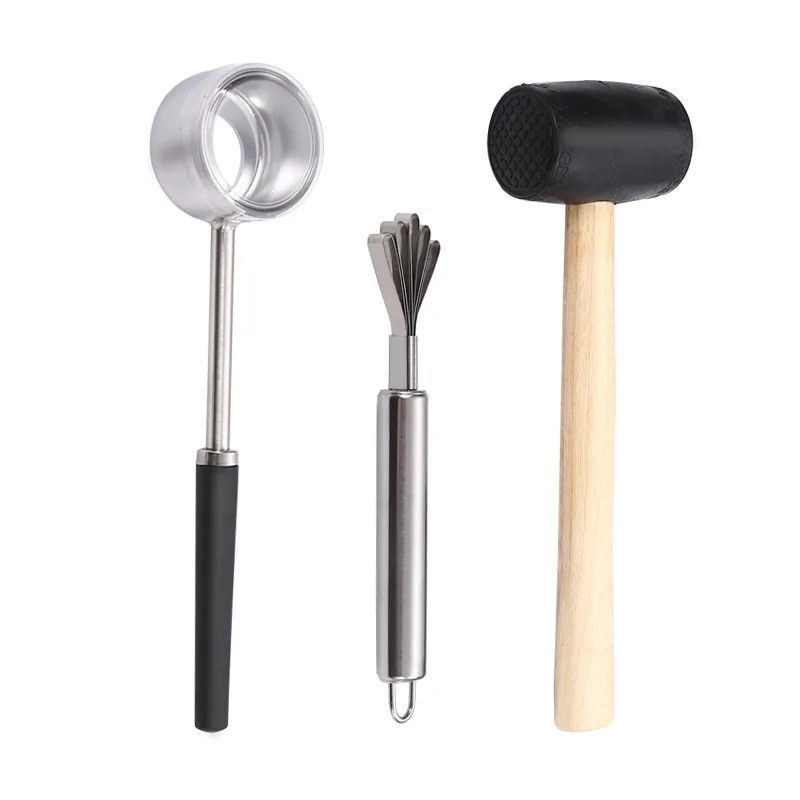 Coconut Opener Set Stainless Steel Coconut Opener and Wooden Handle Rubber Hammer Tools Creative Household Coconut Tool