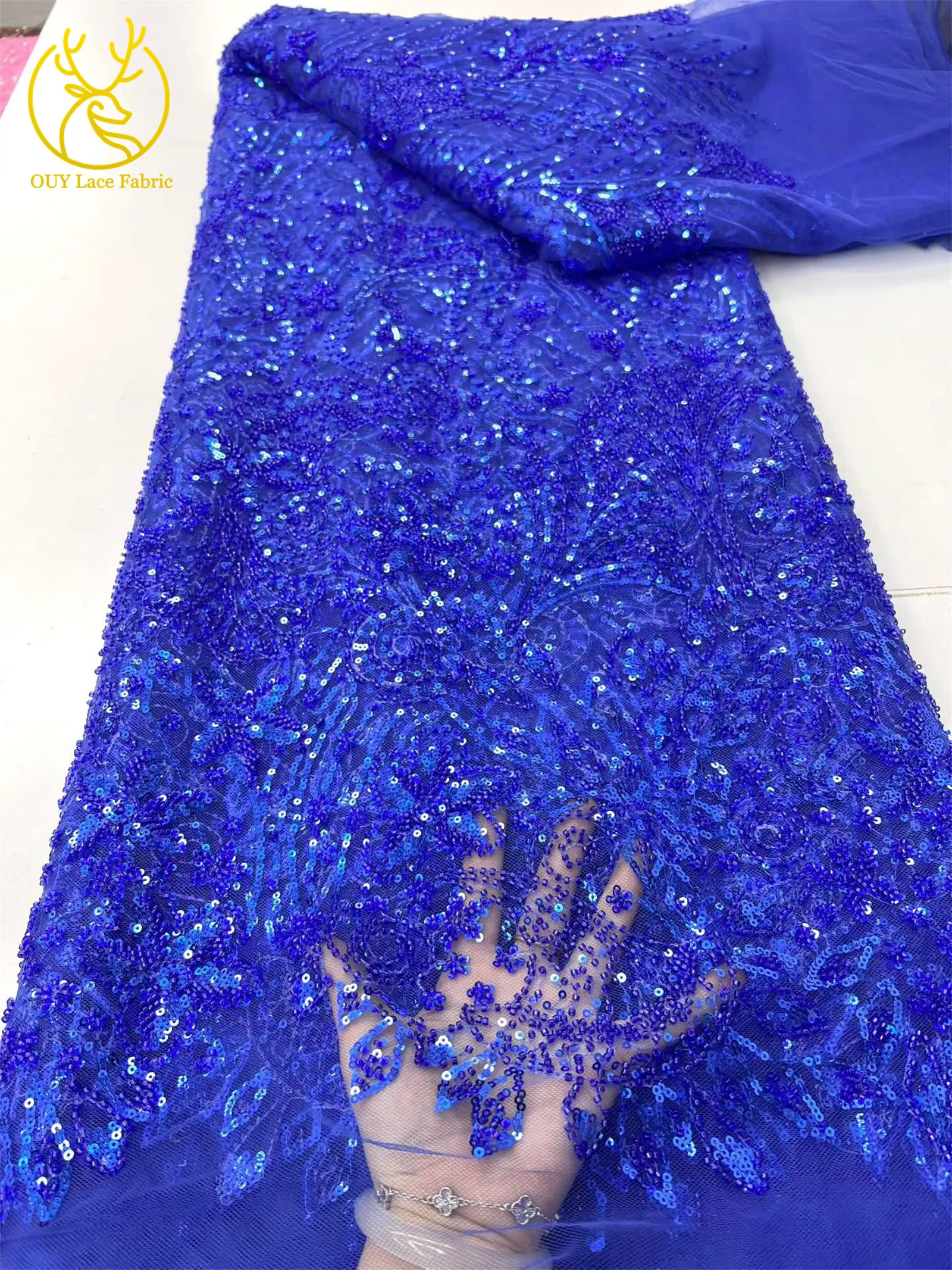 Grüner eleganter afrikanischer Perlen-Pailletten-Spitzenstoff, 5 Yards, hochwertige nigerianische Mesh-Tüllspitze für Damen, Abschlussball, Partykleid, Nähen – Detail 8