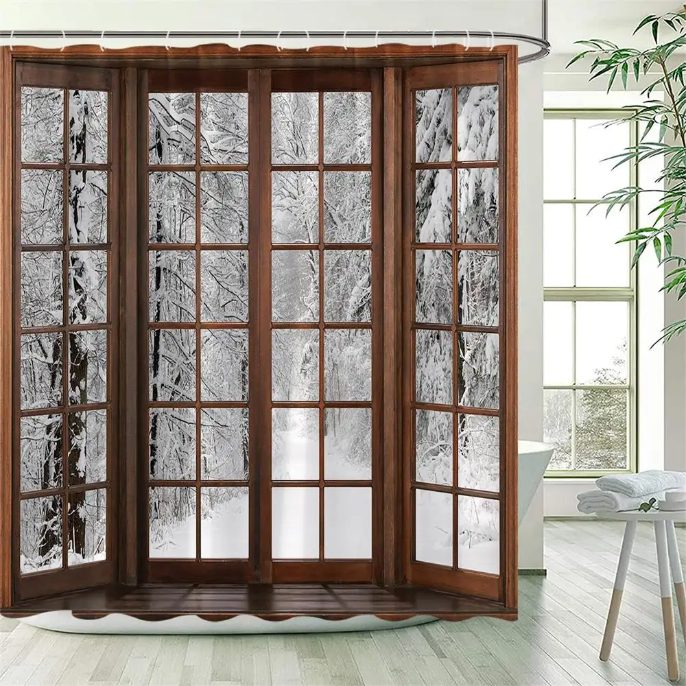 Winter Forest Shower Curtains Brown Window Park Snow Nature Landscape Polyester Cloth Washable Bathroom Curtain Decor with Hooks