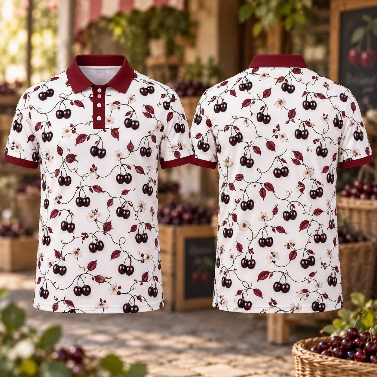 Men's Cherry Vine Polo Shirt Botanical 3D All Over Print Short Sleeve Casual Summer Golf Top