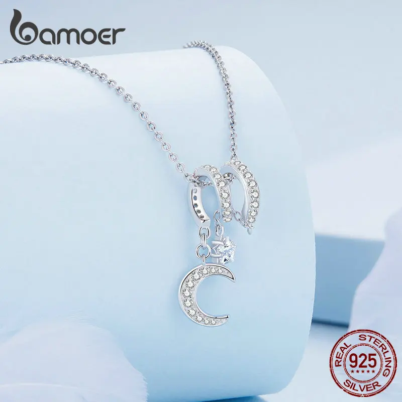 Bamoer 925 Sterling Silver Swaying Moonlight Bead Moon and Star Irregular Charms for Women Bracelet Bangle Fine Jewelry BSC776