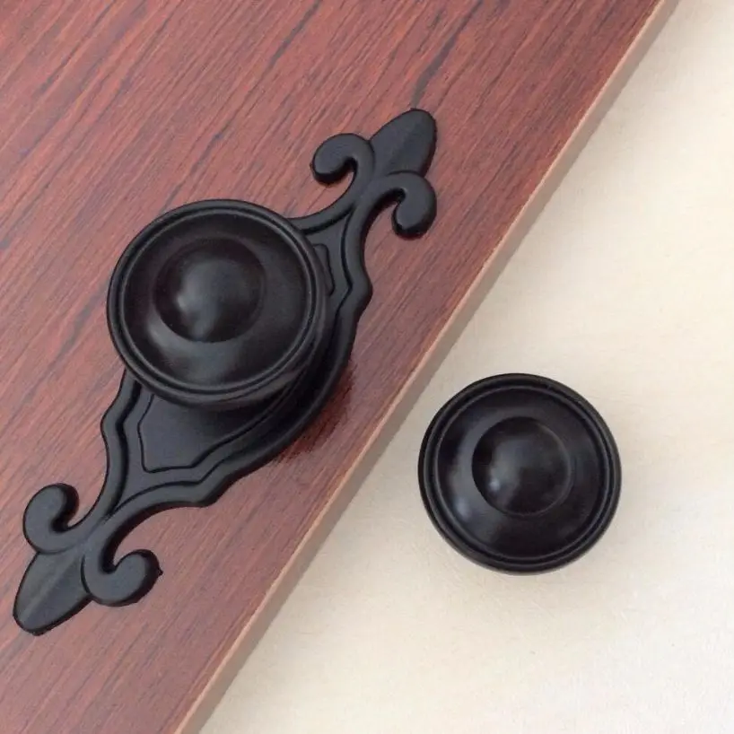Vintage Kitchen Cabinet Handles with Back Plate Black Dresser Drawer Round Knobs Antique Cupboard Door Pulls Zinc Alloy Handle