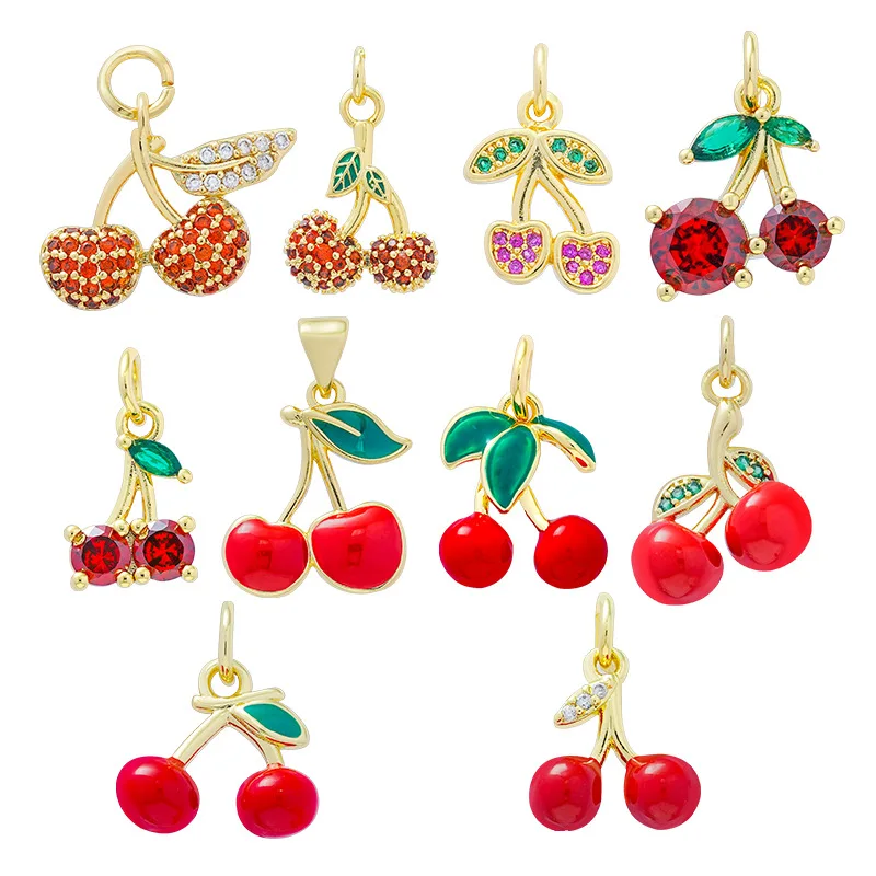 3pcs/lot Cubic Zirconia Crystal Lovely Cherry Pendant 2025 New Fashion Gold-plated Brass CZ Stones Hot Summer Fruit Charm DIY