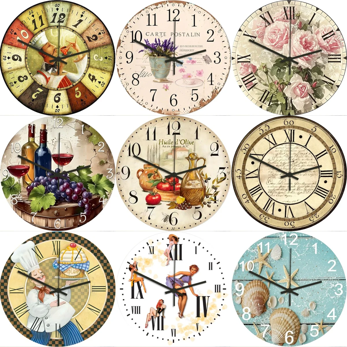 Retro Pattern Wall Clock Plant Acrylic Living Room Bedroom Kitchen Home Decor Flower Chef Wall Clock Silent Quartz Holiday Gift