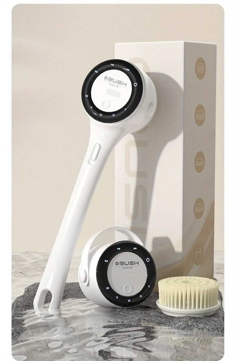 Electric Shower Brush LED Display Rotating Multifunctional Shower Brush 5 Brush Heads 3-Speed Detachable for Back Face & Shower