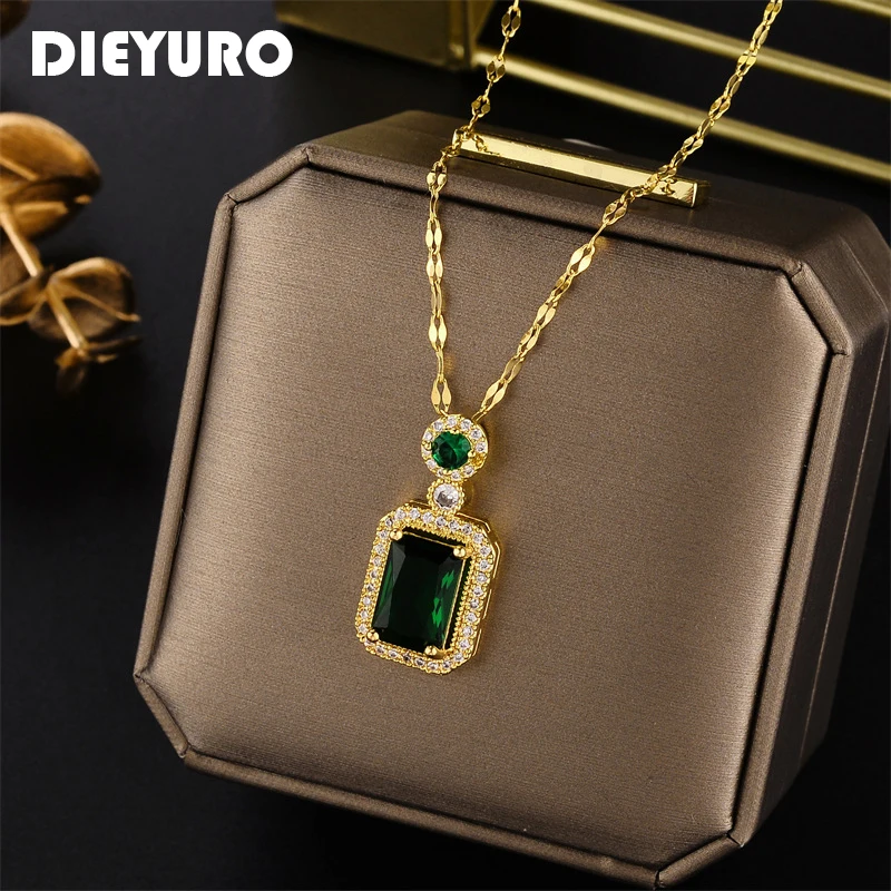 DIEYURO 316L Stainless Steel Square Green Red Zircon Pendant Necklace For Women Classic Luxury Girls Jewelry Chain Birthday Gift