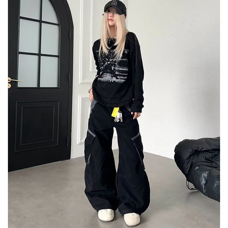 Women Black Color‑Block Spliced Multi‑Pocket Cargo Pants Girls Fashion Wide‑Leg Loose Silhouette Casual Versatile Trousers