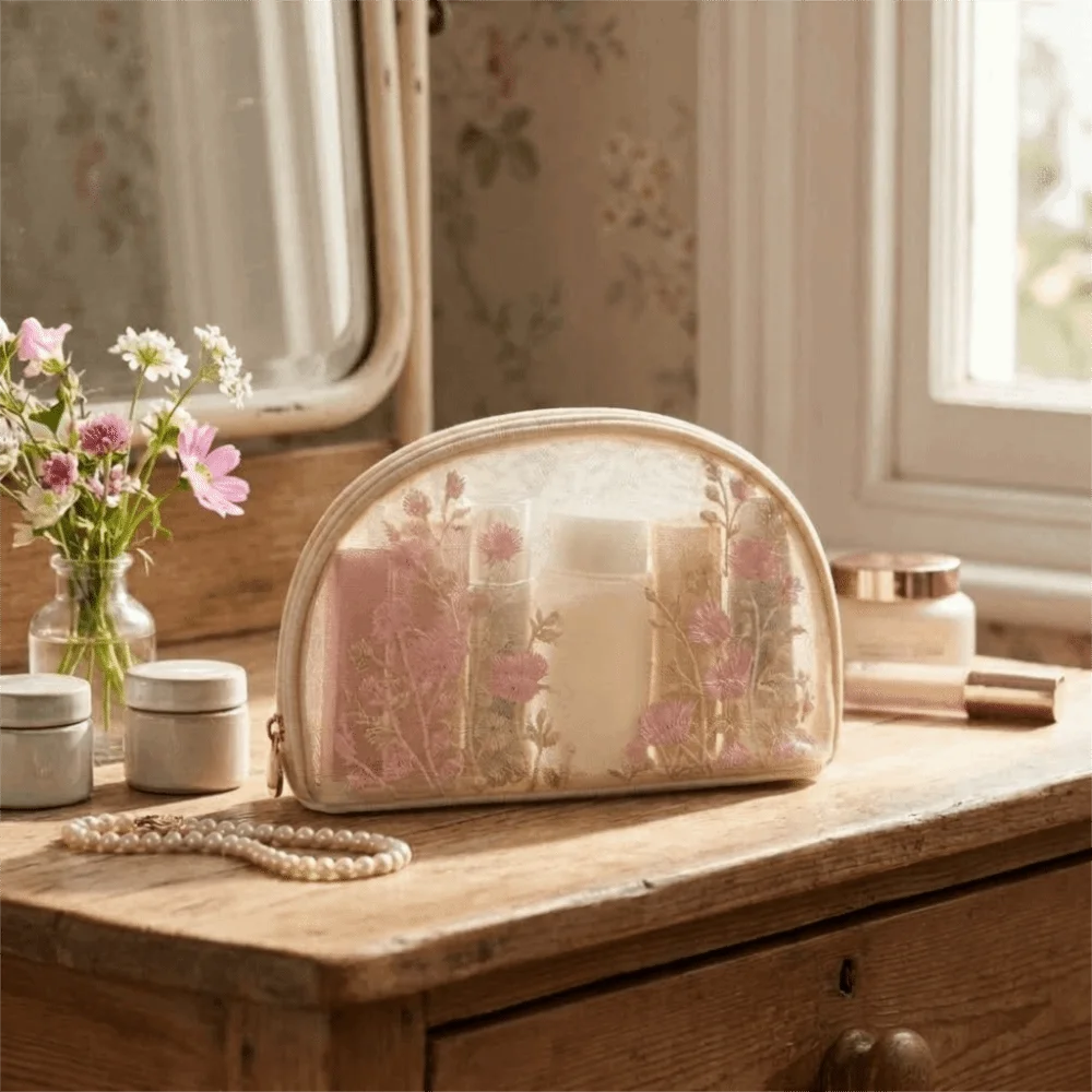 Embroidery Mesh Makeup Storage Bag Large Capacity Handheld Travel Toiletry Bag Butterfly Multipurpose Cosmetic Pouch