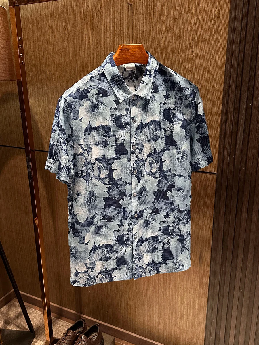 Breathable Fabric  Silk Men's Short Sleeve Floral Shirt Quality Spring Summer New Style Chinese Style Standard Fit Shirt