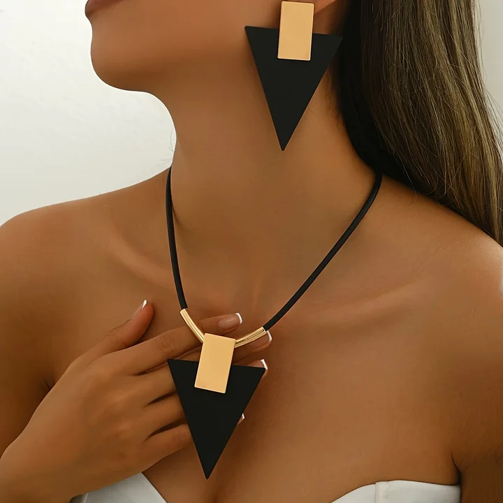 

3PC Set Fashion Minimalist Black Bead Geometric Rectangle Triangle Mosaic Pendant Necklace Earrings Women's Party Jewelry Combo
