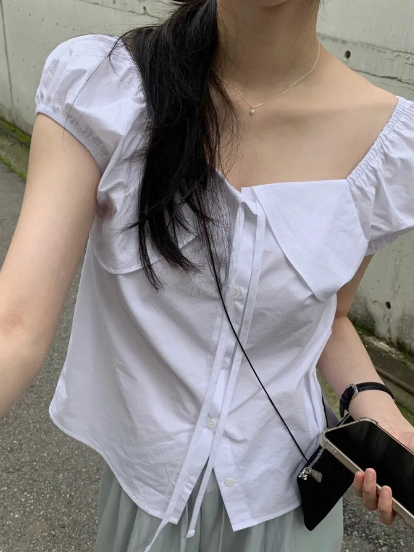 

Fre Sle ort Sve irt for Women Sweet Korean Sle Bow Tie Anti-Aging Top Chic Summer New Arrival Ladies' Blouse