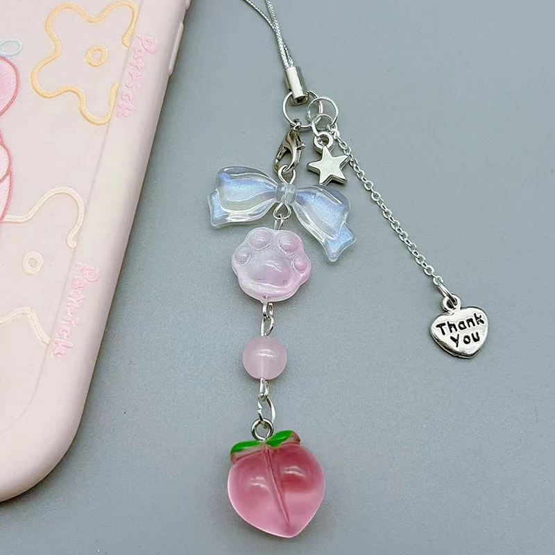 Y2K Pink Peach Bow Keychain for Phone Cute Star Strawberry Fruit Keyring Aesthetic Peach Beaded Earphone Charm Lanyard Keyring