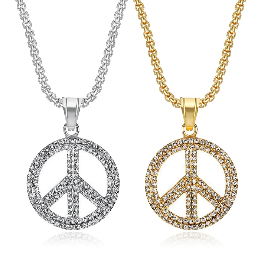 

Hip Hop Iced Out Anti-war Peace Symbol Pendant Gold Silver Color Stainless Steel Zirconia Rapper Necklace for Woman Man Jewelry