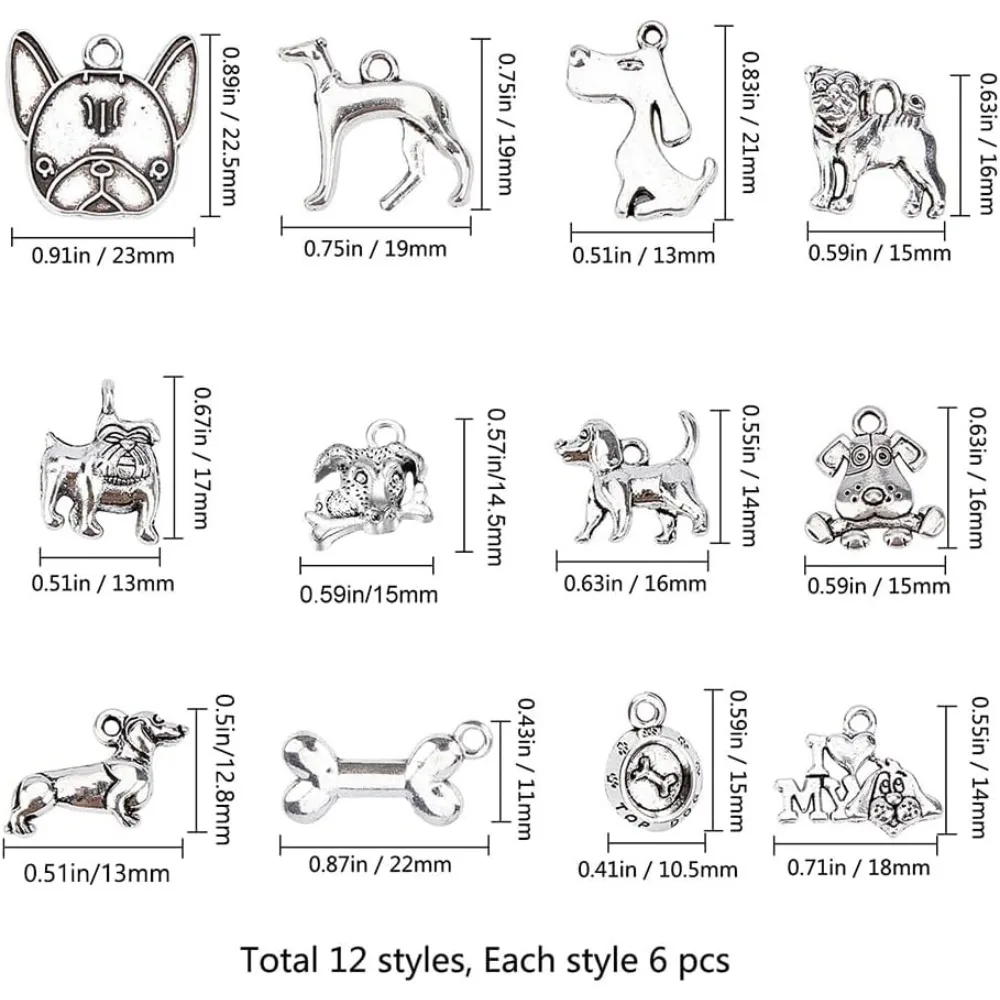 72pcs 12 Styles Tibetan Alloy Animals Dogs Charms Pendants Pet Puppy Dog Beads Charms with Hole for DIY Bracelet Necklace