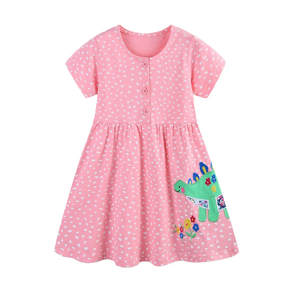 

Dinosaurs Short Sleeve Girls Dresses Animals Embroidery Applique Children's Birthday Gift Toddler Costume Hot Selling Frocks
