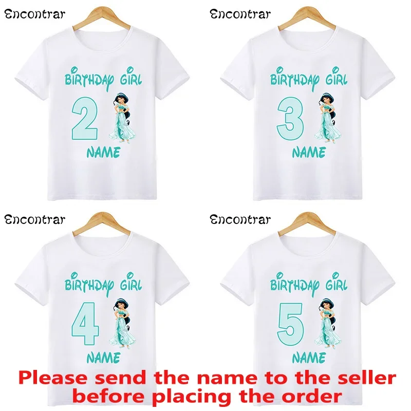 

Disney Princess Jasmine Print Birthday Girl T shirt Kids Clothes 1 2 3 4 5 6 7 8 9 Years Baby Girls Aladdin T-Shirts Party Tops