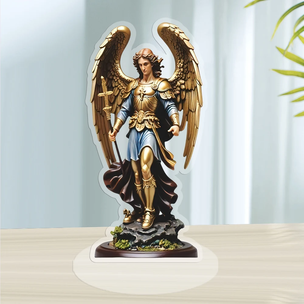 Estatua acrílica 2D del Arcángel Miguel, ángel guardián dorado de doble ala sosteniendo una espada, decoración religiosa retro para pared.