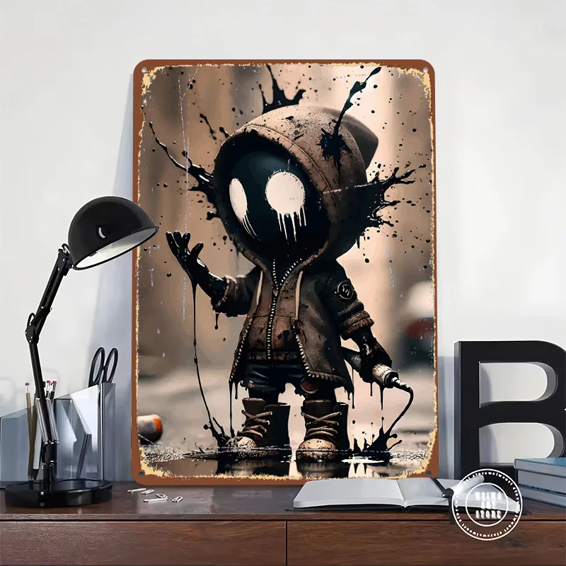 Hooded Figure With Ink Splatters Printed Poster Customized Wall Art Retro Vintage Metal Tin Signs for Home Garage Accessories
