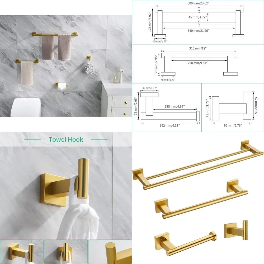 

Набор золотых аксессуаров для ванной комнаты из 4 предметов: вешалка для полотенец, держатель для салфеток, крючок для халата