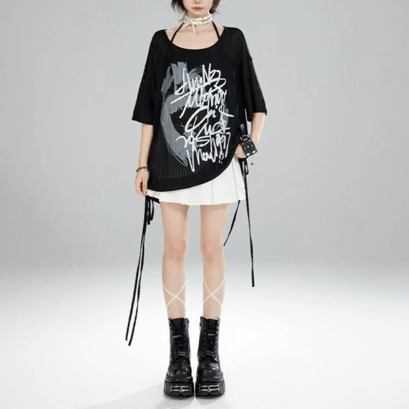

Japanese Harajuku Fashion O Neck Short Sleeve Loose T Shirts Y2k Side Drawstring Design High Street Punk Clothes Vintage Tees
