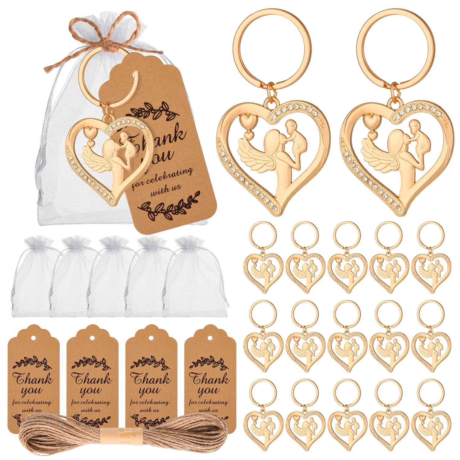 50Pcs Angel Pendant Keychain Baby Shower Return Favors for Guest Freshman Newborn Party Souvenirs Decorations with Organza Bag