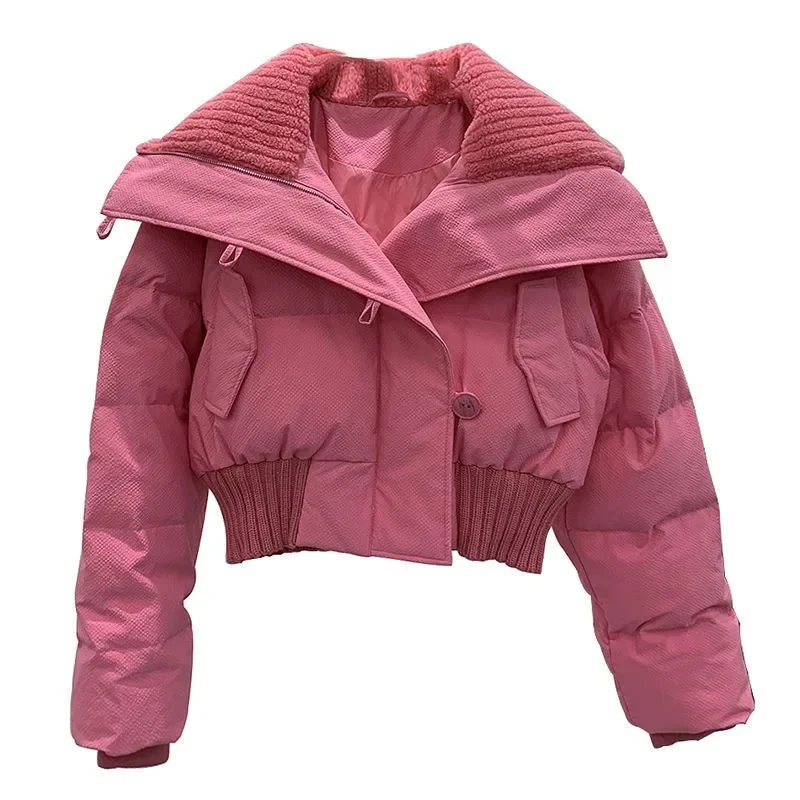 Winter Thicken Warm Parkas Short Loose Jackets Women Spliced Pockets Design Zipper Plush Big Lapel Coats Casual Women's Clothing