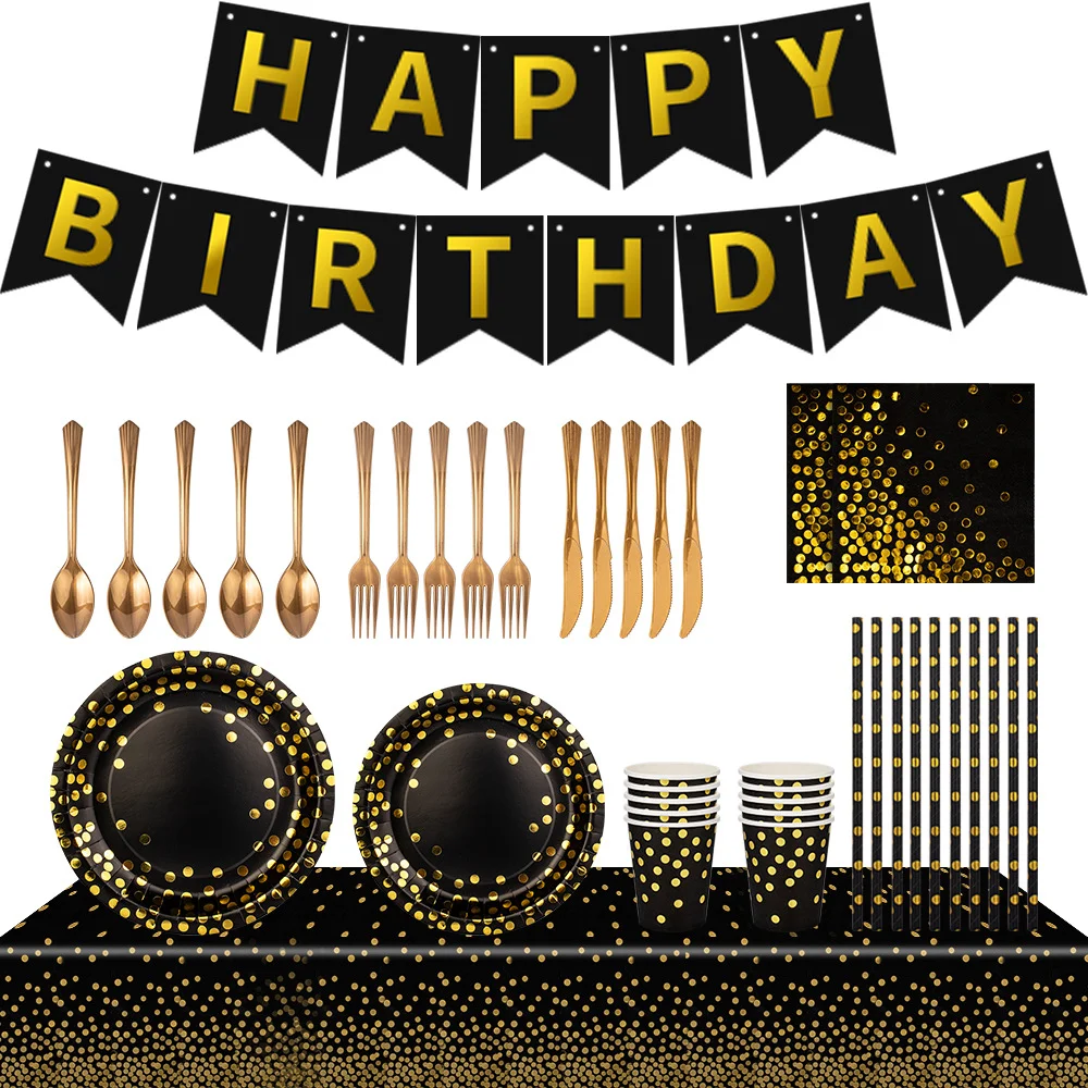 

Party Disposable Supplies Luxury Black Gold Theme Environmental Tableware Paper Plate Napkin Cup Table Setting For Party