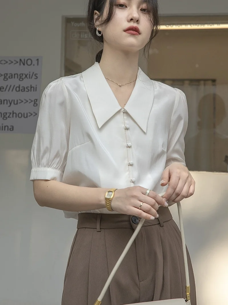 

White Chiffon Short Sleeve Shirt Professional Summer Fashion Design Interview Commute Formal Top Trendy Women's Businesswear