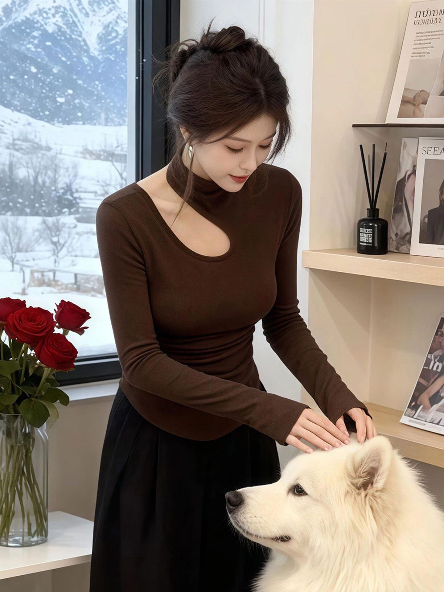plus Size Women's Long Sleeve Fleece Lined Base Shirt Hollow out Design Slimming High Collar Top Korean Style Commute Fashion