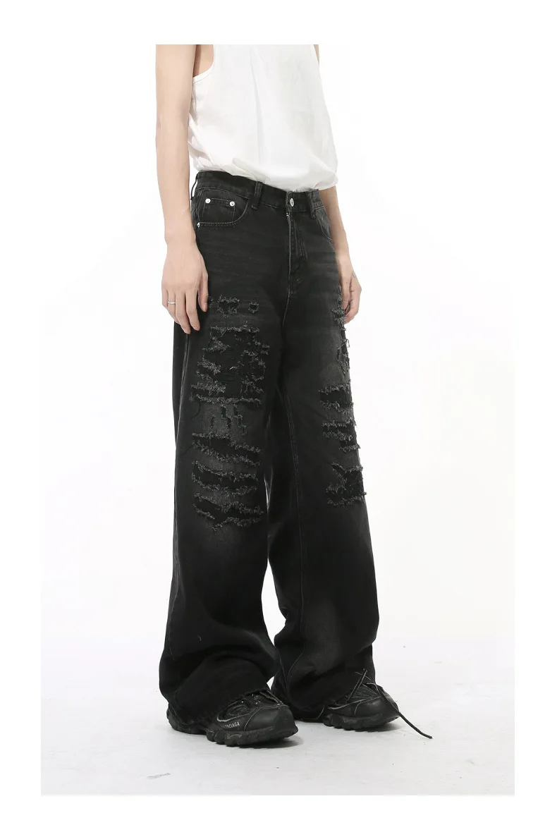 IEFB High Street Men's Denim Pants Hole Worn-out Streetwear Trousers Straight Wide Leg Casual Male Jeans New Autumn 2024 9C8513