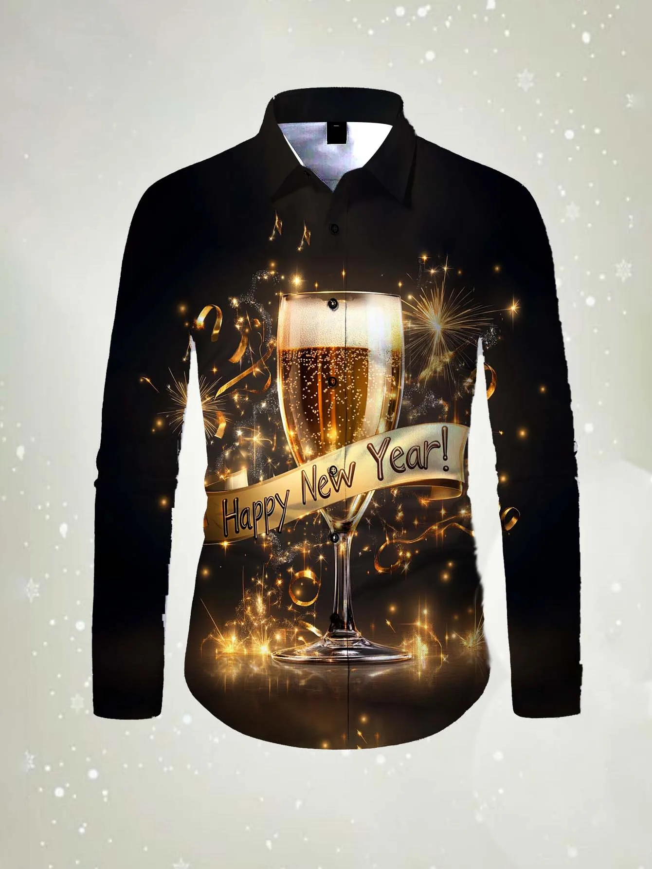 Men Long Sleeve Turn‑down Collar Button‑Up Shirt Happy New Year Firework Star Print Casual Holiday Party Outfit For Male