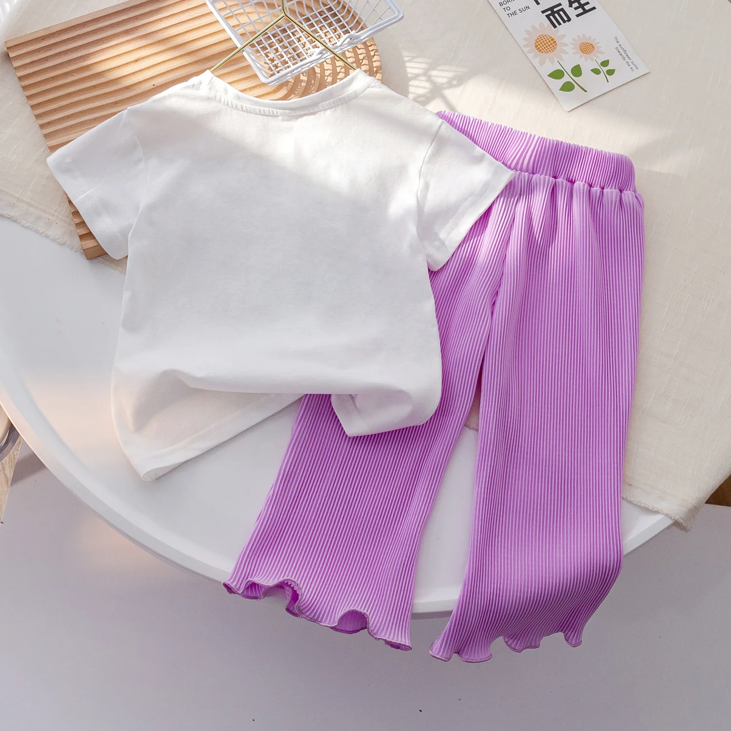 Girls Suit Summer White Short Sleeve T-shirts +Purple Pant 2pcs Set Kids Outfits Sweet Girl Clothing sets