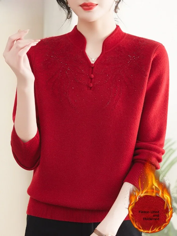 

Red Knitted Fce Lined Thiened Winter Sweater for Mom mid Aged Women's Faion Loose Fit V Ne ort Sle Knitwear