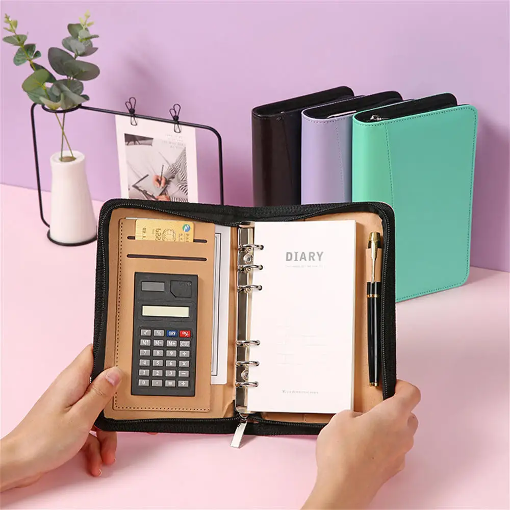 A6 PU Leather Business Notebook With Zipper Loose Leaf Folder Diary Binder Notebook With Calculator Journal Book Notepad