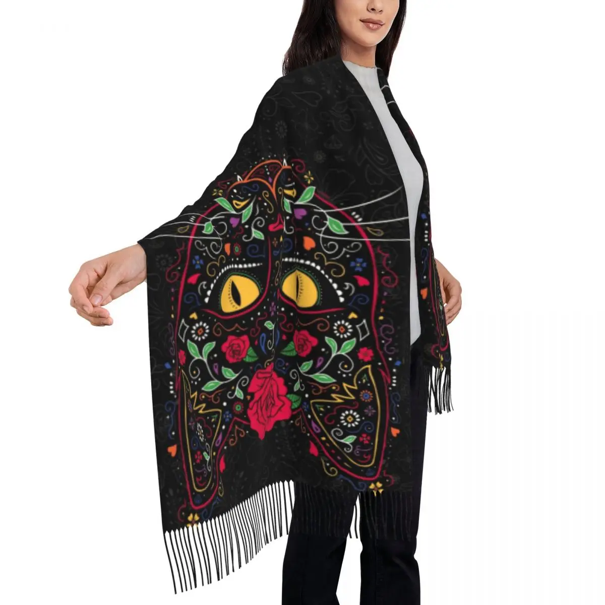 Day Of The Dead Kitten Cat Sugar Skull Scarf Wrap Women Long Winter Warm Tassel Shawl Unisex Mexican Halloween Floral Scarves