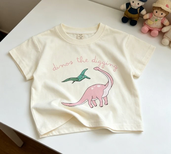 2026 New Kids Summer Dinosaur Print Short Sleeve T Shirt Thin Cotton Round Neck Top Little Kid's Clothing Baby Kid Wear Pullover