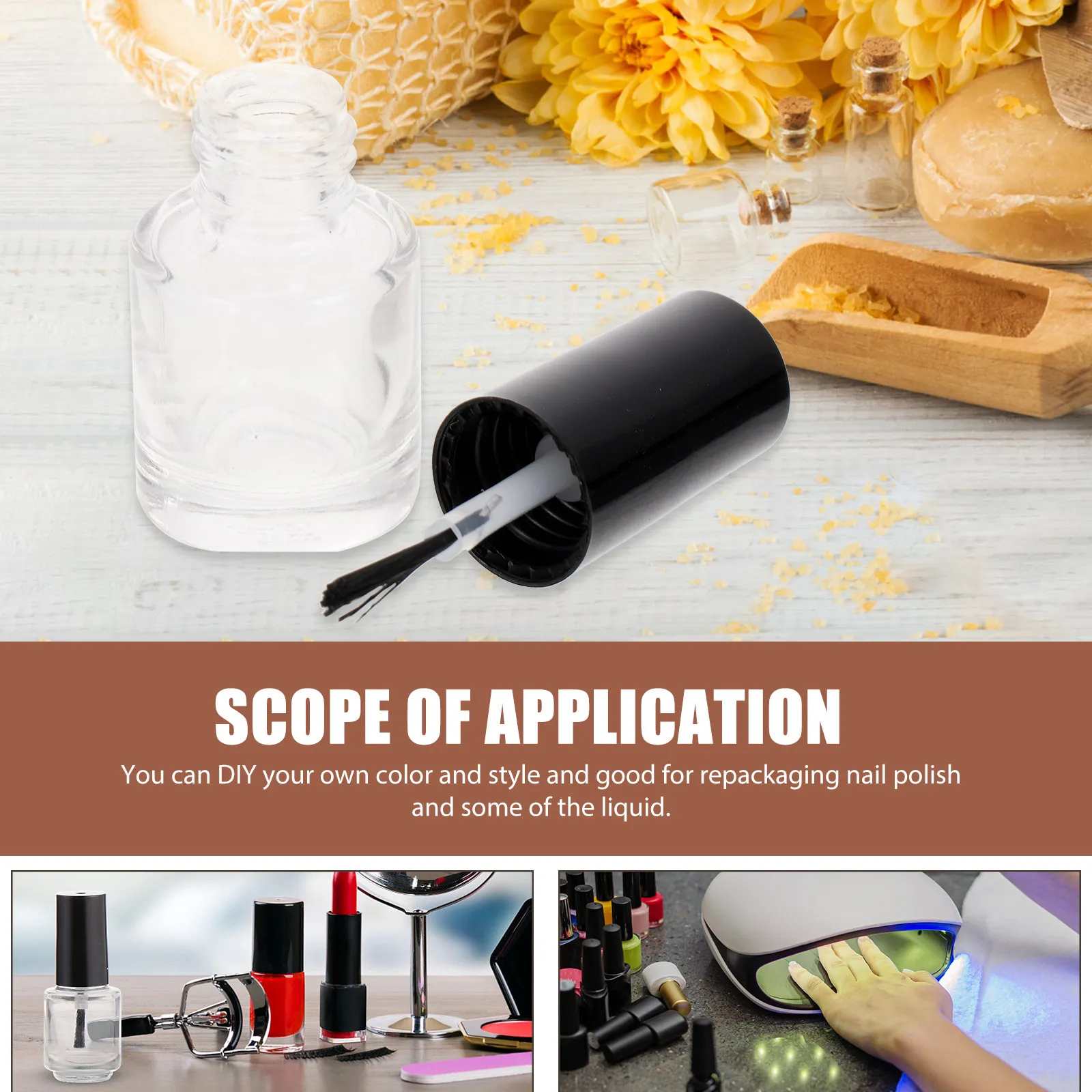

20 шт. прозрачных стеклянных флаконов для лака для ногтей с кисточкой, черной крышкой, плоскими боковыми стенками, легко определяется остаточный объем, для самостоятельного заполнения лаком для ногтей