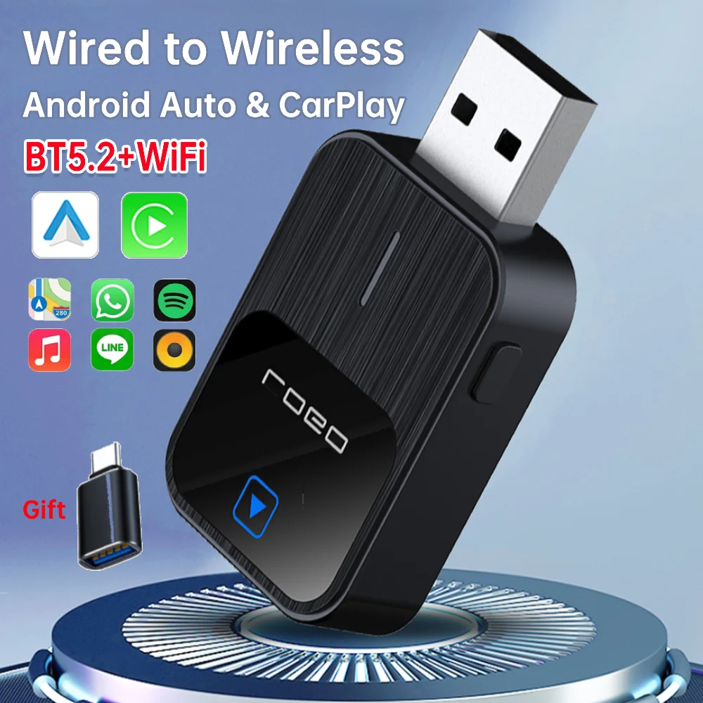 Wireless Android Auto & CarPlay 2 in 1 Dongle Fast Stable Connection Plug and Play USB-C/USB for Wired CarPlay Android Auto Cars