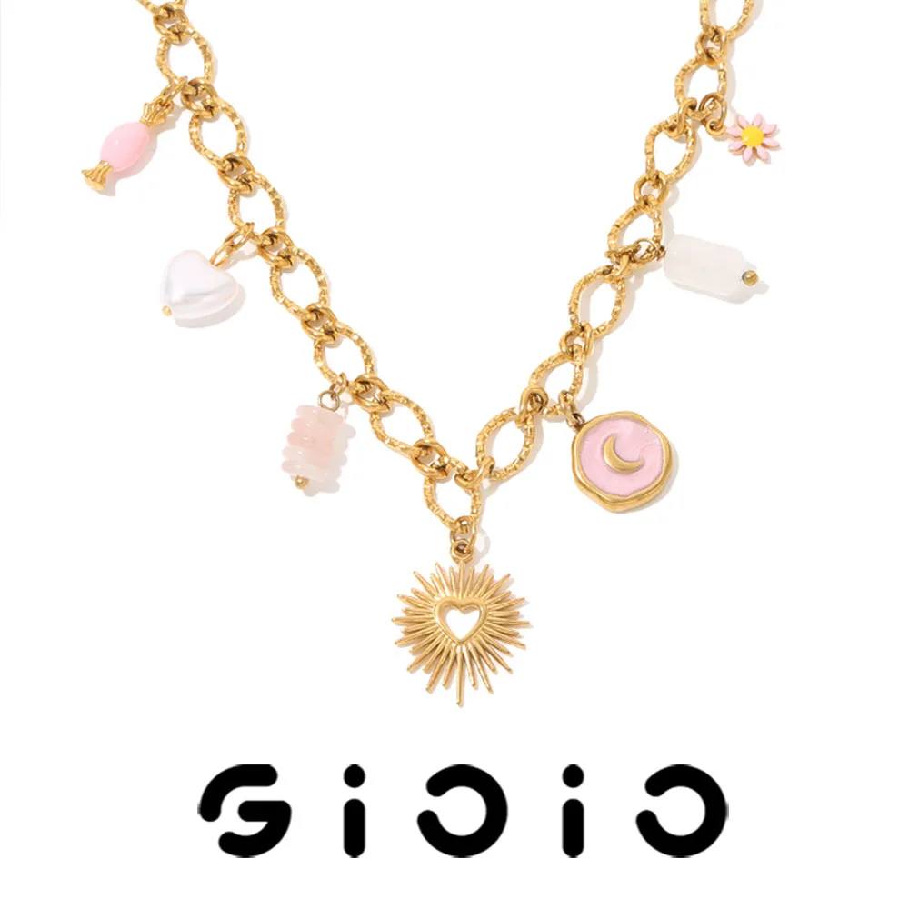 

GIOIO Y2K Style Heart Natural Stone Stainless Steel Necklace Pendant Daily Fashion Jewelry Gold -Plated Waterproof Necklaces