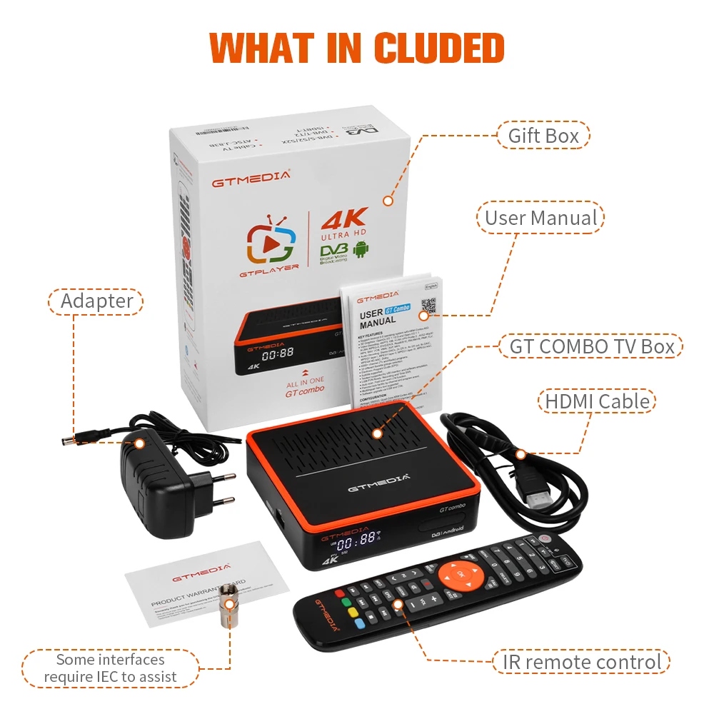 GTMEDIA GT COMBO Android Box 4K 8K HD 4:2:2 Android 9,0 + DVB-S2X/T2/C спутниковый ТВ приемник декодер 2 ГБ + 16 Гб GTC Android Box