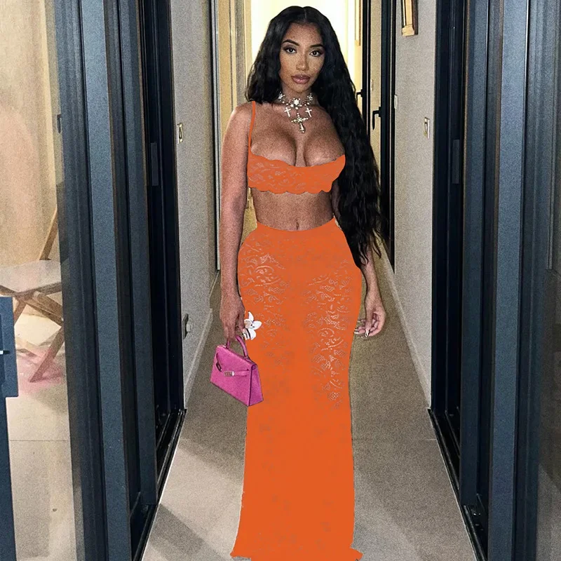 Vedere attraverso il pizzo Set da 2 pezzi Donna Sexy Canotta Crop Top + Gonne lunghe aderenti Moda Party Clubwear Abiti Abiti da vacanza