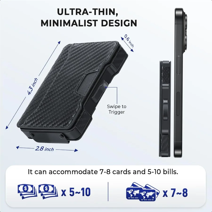 Slim Wallet for Men Minimalist Mens Wallet with Money Clip Aluminium Pop Up Card Case and Leather Slots Credit Card Holder RFID