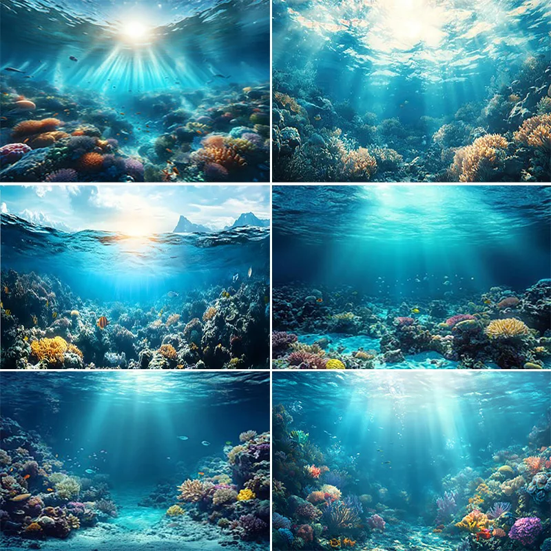 

Underwater Scene Showcasing Coral Photography Backdrops Sunlight Shining Water Fishes Rays Ocean Reef Photo Background OE-02