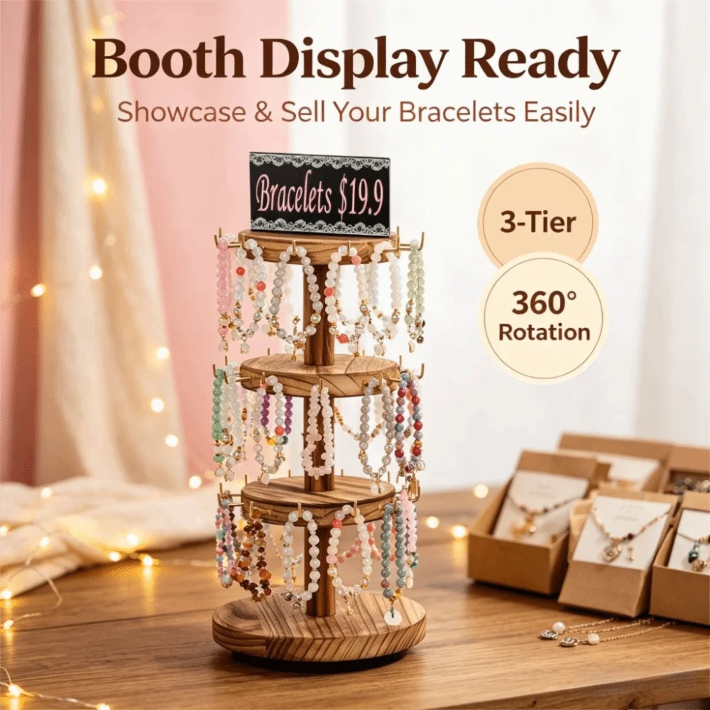 43*17.5cm Jewelry Display Stand 360° Rotatable Base Rustic Vintage Finish Wooden Necklace Display Stand Metal Hooks Multi-layer