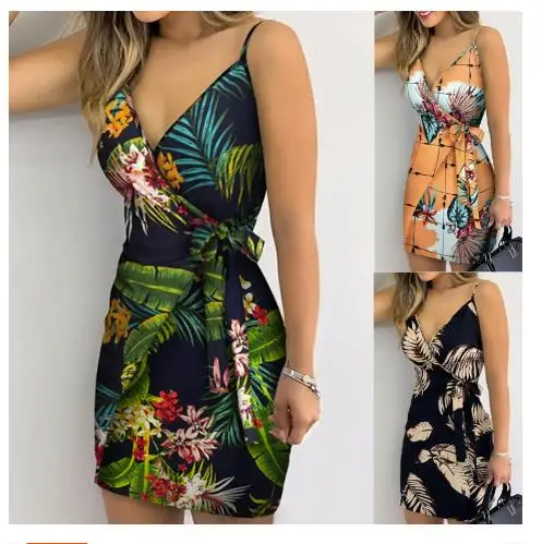 Tropical Print V-Neck Wrap Casual Dress Women Sleeveless Summer Holiday Mini Dress