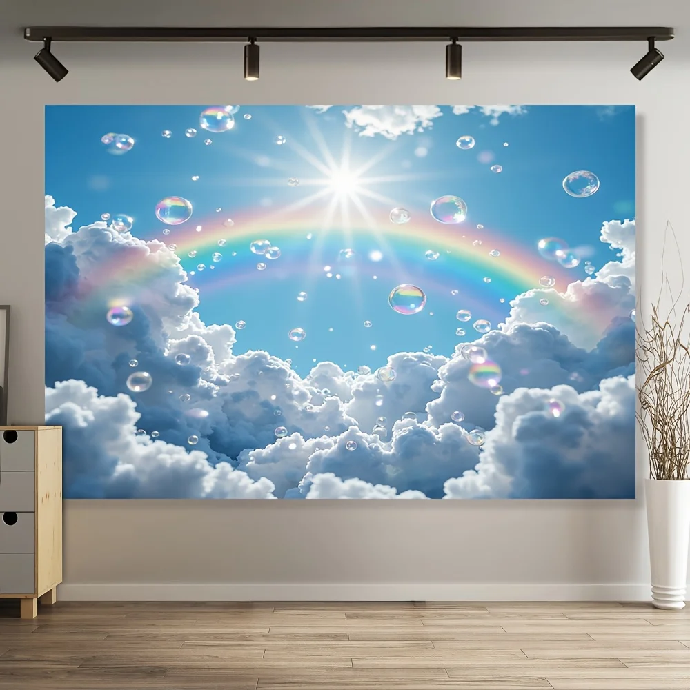 Aesthetic Rainbow Clouds Tapestry Boho Decor Wall Art Dreamy Sky Bubble Landscape Polyester Canvas Print for Living Room Bedroom