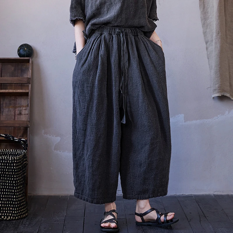 

100% Linen Women Casual Harem Pants New Arrival 2025 Spring Vintage Style Plain Color Loose Female Ankle-length Pants M1376