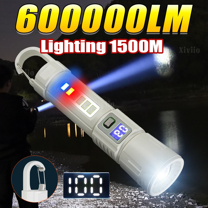 

NEWEST 600000LM LED+COB Portable Flashlight Super Bright RechargeableTorch Lamp With Hook Digital Display Hiking Camping Lantern